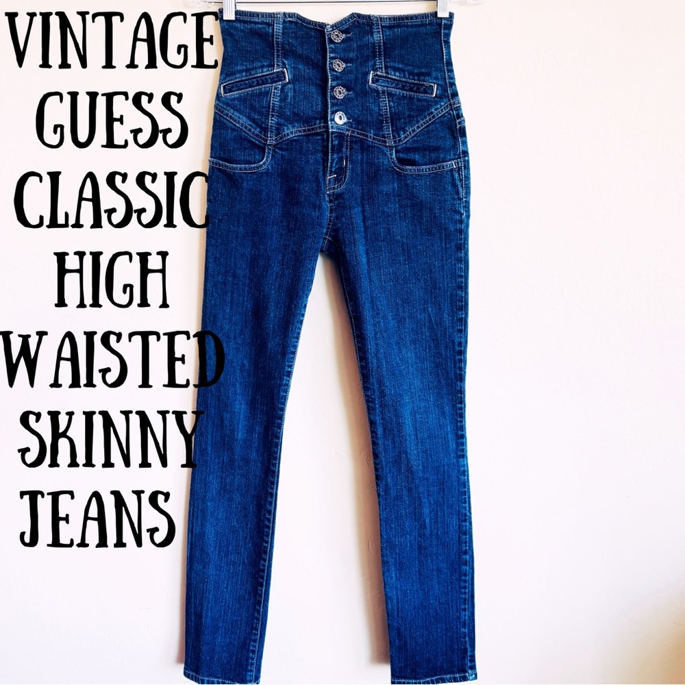 Vintage Guess Y2K Women’s Classic Highwaisted Retro Style Dark Blue Skinny Jeans